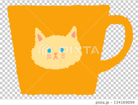 平面的でシンプルな猫がプリントされた黄色のマグカップのイラスト素材 134169099