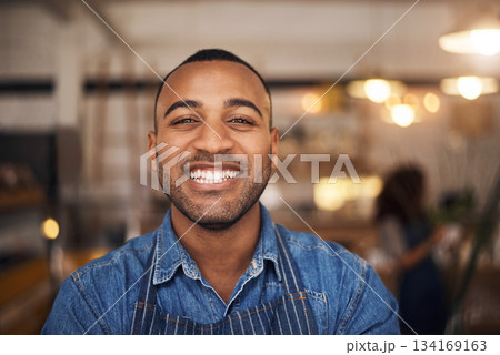 Coffee shop, happy waiter and portrait of black man in restaurant for service, working and smile in cafe. Small business owner, bistro startup and face of male waiter in cafeteria ready to serve Coffee shop, happy waiter and portrait of black man in restaurant for service, working and smile in cafe. Small business owner, bistro startup and face of male waiter in cafeteria ready to serve 134169163