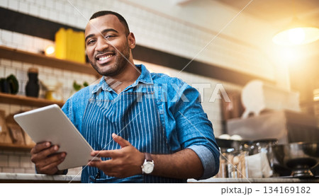 Happy, tablet and portrait of man in cafe for online, digital and african startup. Network, technology and food industry with small business owner in restaurant for barista, waiter and coffee shop Happy, tablet and portrait of man in cafe for online, digital and african startup. Network, technology and food industry with small business owner in restaurant for barista, waiter and coffee shop 134169182