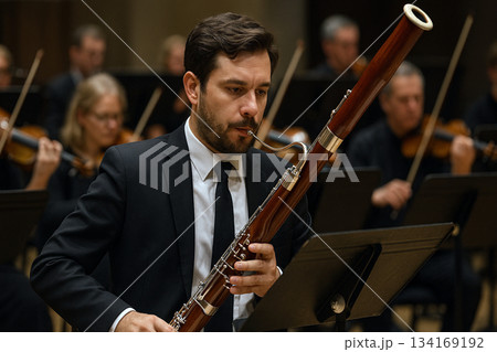 オーケストラでファゴットを演奏している男性 134169192