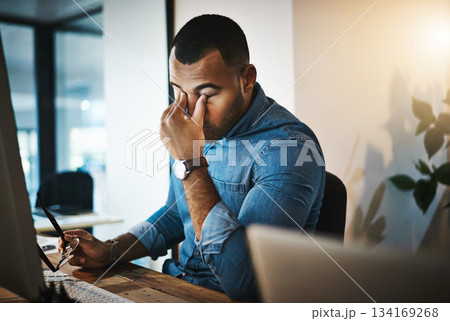 Burnout, headache and man in the office while working on a deadline project with eye strain at night. Stress, migraine and professional male employee doing research on computer in workplace overtime. Burnout, headache and man in the office while working on a deadline project with eye strain at night. Stress, migraine and professional male employee doing research on computer in workplace overtime. 134169268