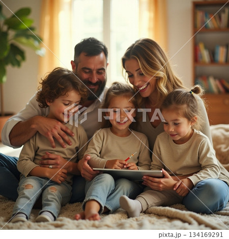 AI generated Closeknit family actively involved in digital amusement and skill acquisition 134169291