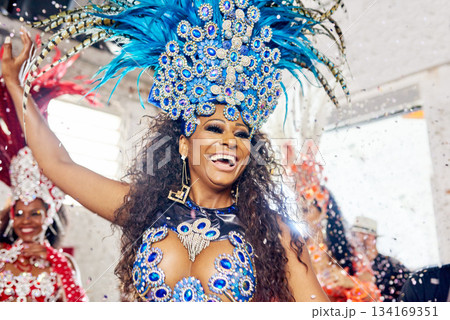 Samba, music and dance with woman at carnival for celebration, party and festival in Rio de Janeiro. Summer break, show and creative with brazil girl for performance, holiday and culture event 134169351