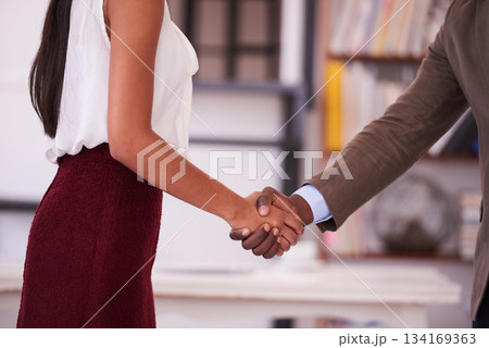 Closeup, business people and shaking hands for partnership, trust and thank you in job promotion. Employees, handshake and support of success, b2b networking and meeting HR in recruitment opportunity 134169363