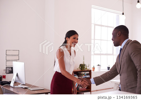 Happy woman, business people and handshake for partnership, trust and thank you with mockup. Employees shaking hands for success, collaboration and support of b2b networking, welcome and hiring deal Happy woman, business people and handshake for partnership, trust and thank you with mockup. Employees shaking hands for success, collaboration and support of b2b networking, welcome and hiring deal 134169365