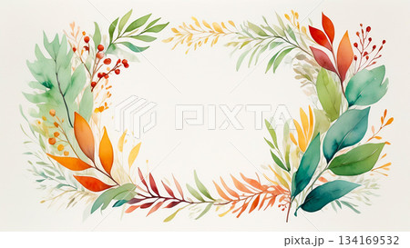 水彩風紅葉のリースフレーム：優しいタッチのボタニカル飾り枠 134169532