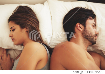 Couple, bed and fight of sad people in a home with marriage conflict and problem. Divorce, fighting and above with woman and man in a bedroom in house at morning with depression for relationship Couple, bed and fight of sad people in a home with marriage conflict and problem. Divorce, fighting and above with woman and man in a bedroom in house at morning with depression for relationship 134169548