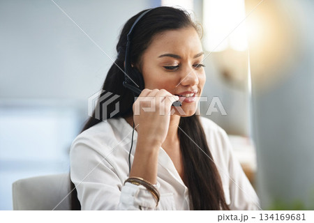 Communication, microphone or woman in call center consulting, speaking or talking at customer services. Virtual assistant, friendly or sales consultant in telemarketing or telecom company help desk 134169681