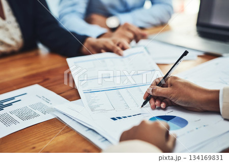 Business people, hands and writing on document in meeting for corporate finance, budget or expenses at office. Hand of employee in financial planning, paperwork or marketing for company statistics Business people, hands and writing on document in meeting for corporate finance, budget or expenses at office. Hand of employee in financial planning, paperwork or marketing for company statistics 134169831