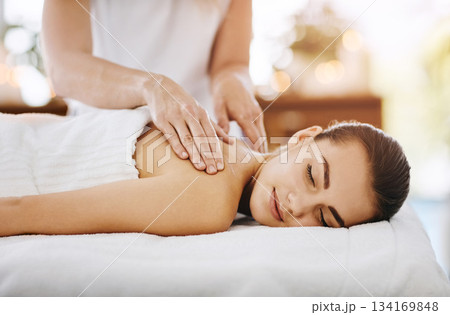 Therapy, beauty and massage with woman in spa for wellness, luxury and cosmetics treatment. Skincare, peace and zen with female customer and hands of therapist for relax, salon and detox Therapy, beauty and massage with woman in spa for wellness, luxury and cosmetics treatment. Skincare, peace and zen with female customer and hands of therapist for relax, salon and detox 134169848