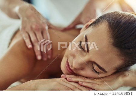 Relax, detox and massage with woman in spa for wellness, luxury and cosmetics treatment. Skincare, peace and zen with female customer and hands of therapist for physical therapy, salon and beauty 134169851