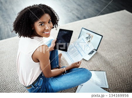 Tablet, finance and woman portrait in work from home budget, documents and planning startup or fashion business. Person on digital screen, carpet floor and happy profit, taxes and financial paperwork 134169956