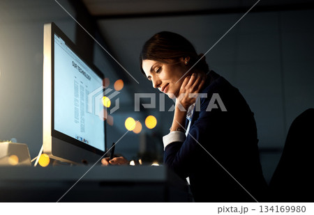 Focus, desktop and businesswoman at night or employee in the office or thinking with pen. Corporate, dark and female manager contemplate or computer and stationery in the evening at workplace Focus, desktop and businesswoman at night or employee in the office or thinking with pen. Corporate, dark and female manager contemplate or computer and stationery in the evening at workplace 134169980