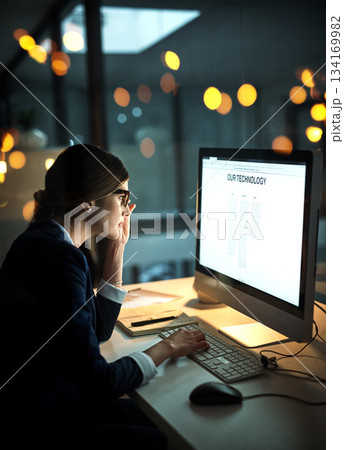 Night, computer screen or business woman with research networking overtime on digital technology website. Late, lens flare or focused female employee online for company deadline on internet in office 134169982