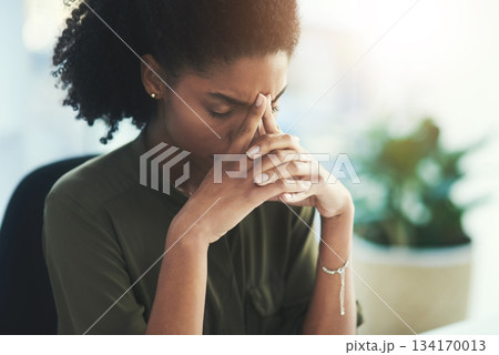 Burnout, stress and business woman in office with problem, mistake and working on deadline. Headache, anxiety and African female worker with frustrated, stressed out and migraine thinking of solution 134170013