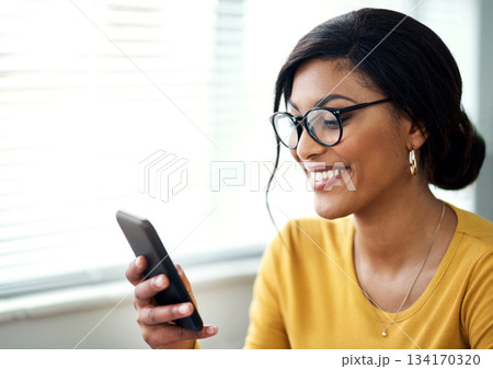Phone, search and happy woman reading online, social media post or networking on internet for job opportunity. Creative, communication or startup person, glasses and mobile app, Web 3.0 and home chat 134170320