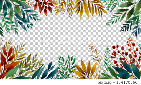 Watercolor autumn leaf and red berry frame: botanical decorative frame illustration 134170360