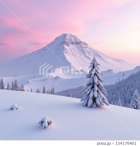 Snow covered mountain at sunset creates a serene landscape Generative AI 134170401