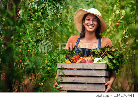 Farmer, agriculture and portrait of woman with box on farm after harvest of summer vegetables. Farming, female person and smile with crate of green product, food and agro in nature for sustainability 134170441