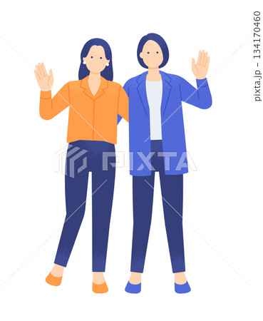 求人・歓迎・採用に使える。明るく手を振るオフィスカジュアルの女性2人。イラスト素材。 求人・歓迎・採用に使える。明るく手を振るオフィスカジュアルの女性2人。イラスト素材。 134170460