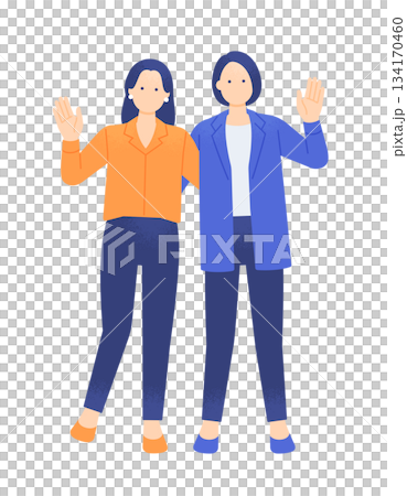 求人・歓迎・採用に使える。明るく手を振るオフィスカジュアルの女性2人。イラスト素材。 求人・歓迎・採用に使える。明るく手を振るオフィスカジュアルの女性2人。イラスト素材。 134170460