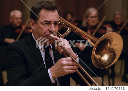 オーケストラでトロンボーンを演奏している男性 134170588