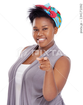 Hey you, black woman and pointing portrait in a studio with happiness and confidence. White background, African female person and model with positive and emoji hand with choice and accountability 134171092