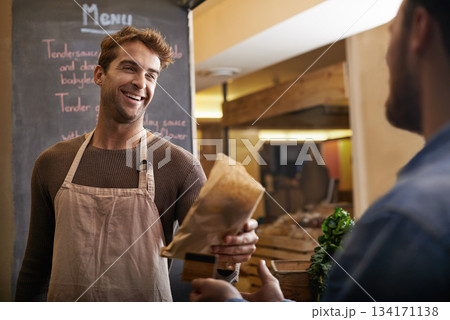 Man, cafe and customer paying for food or sandwich sale at supermarket or entrepreneur stall. Retail, male store owner or buyer at a restaurant for snack or business owner and shopping experience 134171138
