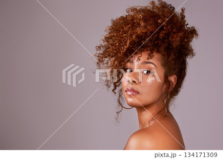 Beauty, skincare and space with portrait of woman in studio for hair style, cosmetics or natural makeup. Facial, model and glow with female model isolated on background for mockup, self care or shine 134171309