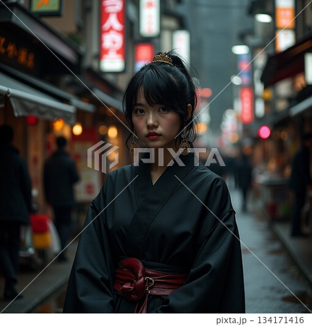 AI generated Atmospheric scene of woman in kimono amid glowing neon signs and rainy 134171416