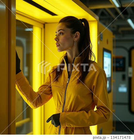 AI generated Modern woman in vibrant yellow attire patiently waits at subway station AI generated Modern woman in vibrant yellow attire patiently waits at subway station 134171478