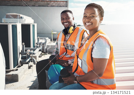 Portrait, engineer team and black people on coffee break at construction site. Smile, architects and man and woman relax with tea after building project, working or engineering collaboration in city. 134171521