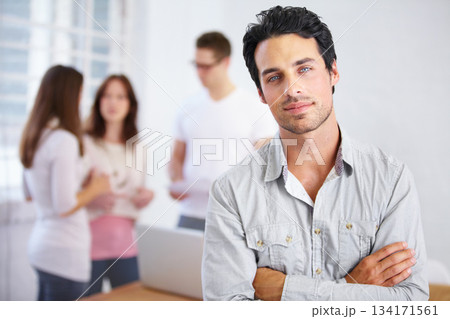 Serious, portrait and business man with arms crossed in office, workplace or company. Face, confidence and male professional, entrepreneur or person with pride for career, job and success mindset. Serious, portrait and business man with arms crossed in office, workplace or company. Face, confidence and male professional, entrepreneur or person with pride for career, job and success mindset. 134171561