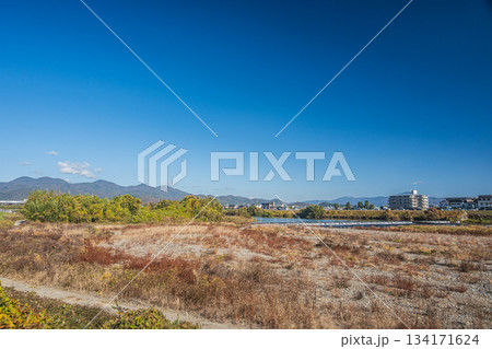 初冬の桂川河川敷風景　京都市 134171624