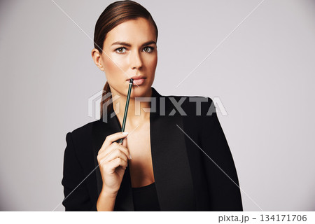 Thinking, professional and portrait of business woman in studio for corporate, administration and planning. Idea, secretary and receptionist with face of female employee isolated on gray background Thinking, professional and portrait of business woman in studio for corporate, administration and planning. Idea, secretary and receptionist with face of female employee isolated on gray background 134171706