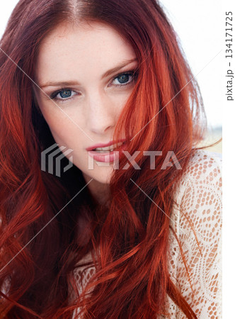 Red hair, woman and face outdoor with beauty care with cosmetics and makeup. Female person, young model and portrait with ginger and beautiful redhead hairstylist treatment with skin cosmetic 134171725