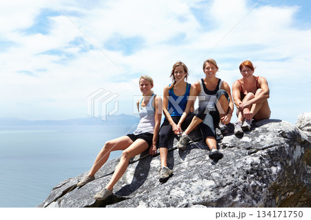 Happy, friends and portrait of women on mountain cliff for rock climbing, freedom and travel vacation. Sports, hiking and adventure with people on rock in nature for trekking, training and mockup Happy, friends and portrait of women on mountain cliff for rock climbing, freedom and travel vacation. Sports, hiking and adventure with people on rock in nature for trekking, training and mockup 134171750