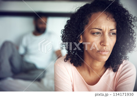 Divorce, angry black woman and couple in bedroom of their home or house. Marriage or relationship, communication or conflict and frustrated African female with breakup or couple problems inside 134171930