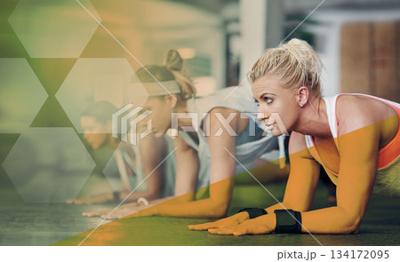Overlay, plank and people exercise in gym for health, wellness and core strength. Workout, planking and group, women and friends exercising, abs training and teamwork practice together at sports club Overlay, plank and people exercise in gym for health, wellness and core strength. Workout, planking and group, women and friends exercising, abs training and teamwork practice together at sports club 134172095