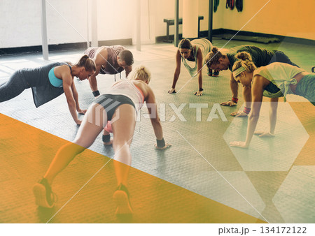 Fitness, push up and group of people at gym for exercise, workout and training. Athlete men and women together for strong muscle, commitment or power challenge at wellness club or class with overlay Fitness, push up and group of people at gym for exercise, workout and training. Athlete men and women together for strong muscle, commitment or power challenge at wellness club or class with overlay 134172122