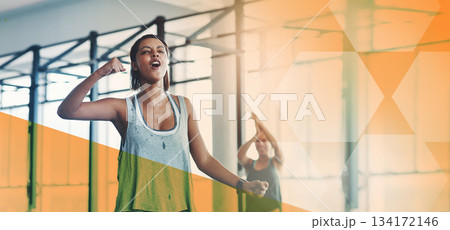 Fitness, gym and a woman celebrate exercise, workout and training goals or success. Sports person happy about banner overlay space for power challenge, win or achievement at health and wellness club Fitness, gym and a woman celebrate exercise, workout and training goals or success. Sports person happy about banner overlay space for power challenge, win or achievement at health and wellness club 134172146