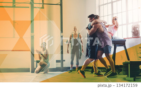 Gym, fitness and hug to celebrate success with exercise, workout and training goals or win. Sports men and women happy for power challenge, support or achievement at wellness club with mockup overlay Gym, fitness and hug to celebrate success with exercise, workout and training goals or win. Sports men and women happy for power challenge, support or achievement at wellness club with mockup overlay 134172159