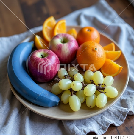 AI generated Nutritionist breakfast plate featuring blue banana and citrus 134172170