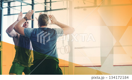 Fitness, gym and men high five to celebrate exercise, workout and training goals or win. Sports people happy about mockup overlay space for power challenge, success or achievement at wellness club Fitness, gym and men high five to celebrate exercise, workout and training goals or win. Sports people happy about mockup overlay space for power challenge, success or achievement at wellness club 134172184
