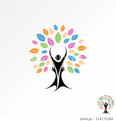 family 3 people raise hands leaves tree positve lifestyle activity foundation logo design graphic concept creative premium vector stock image top sell 134172268