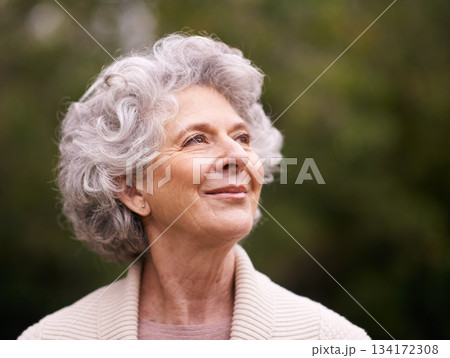 Happy senior woman, smile and thinking in nature for hope, joy or retirement in the outdoors. Face of thoughtful elderly female smiling in happiness, future or reflection for natural life or vitality Happy senior woman, smile and thinking in nature for hope, joy or retirement in the outdoors. Face of thoughtful elderly female smiling in happiness, future or reflection for natural life or vitality 134172308