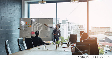 Meeting, presentation and whiteboard with a business woman in the boardroom for planning or strategy. Collaboration, flare or report in an office with people around a table during a training workshop 134172363
