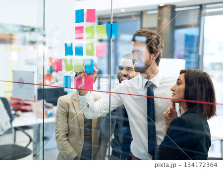 Collaboration, team of colleagues working on strategy and schedule in office. Teamwork, communication and coworkers planning or brainstorming ideas together for project or assignment at workplace 134172364