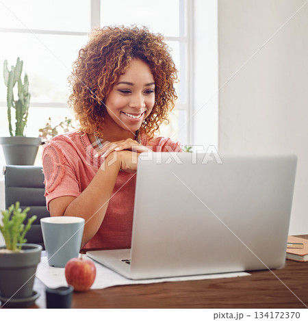 Happy woman, business student and laptop for planning at desk, technology and internet in agency. Young african female, office intern and working on computer, website and smile for online research Happy woman, business student and laptop for planning at desk, technology and internet in agency. Young african female, office intern and working on computer, website and smile for online research 134172370