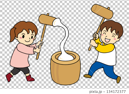 Illustration of a boy and girl pounding stretchy mochi 134172377